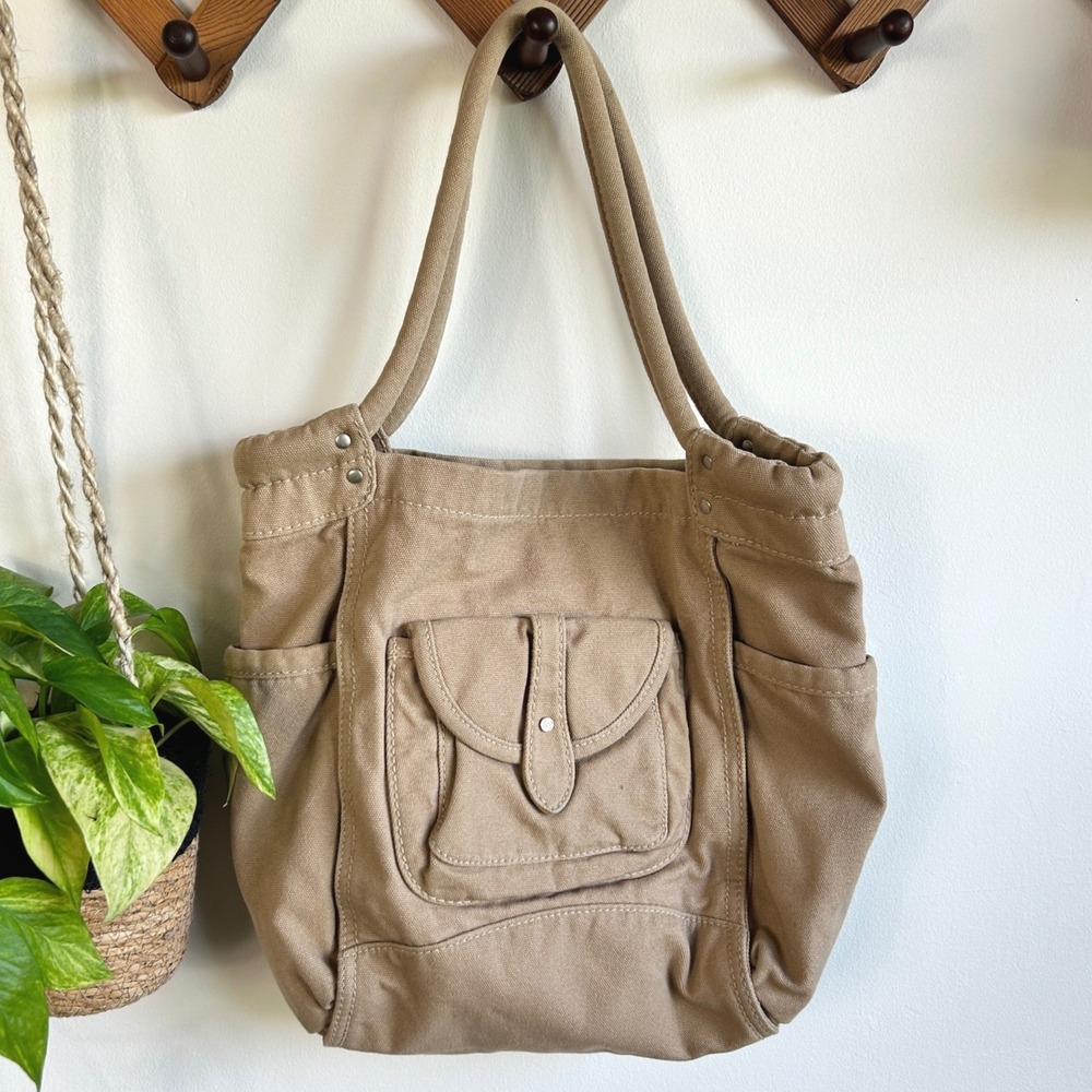 Aeropostale Tan Khaki Canvas Tote Bag Multi Pocket Cotton Shoulder Bag